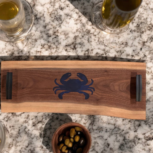Walnut Serving Tray with Blue Epoxy Crab Inlay
